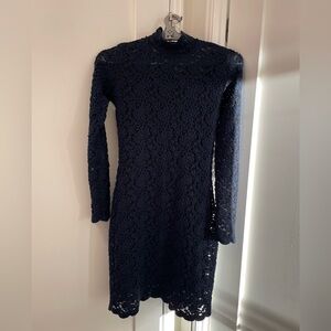 Elegant Navy Long Sleeves Lace Dress with Scalloped Edges and High Collar